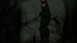 3d anthro big_breasts black_body black_fur black_hair bone breasts canid canine female fur glowing_eyes hair mal0 mammal nude red_eyes scp-1471 scp_foundation skull skull_head skulldog solo tail thick_thighs tree wide_hips