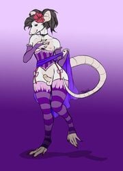 2015 albino anthro balls blush choker clothed clothing corset crossdressing dokuga_(artist) erection flower garter girly gloves half-dressed legwear male mammal nipples penis plain_background plant rat red_eyes rodent small_penis solo stockings tankard_(artist) thigh_highs vel