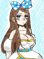 black_eyes blue_background blue_clothing bow brown_hair clothed large_breasts mii miitopia popstar(miitopia) puffy_sleeves straight_hair