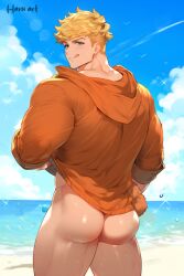 1boy ai_assisted ai_generated ass back beach blonde_hair blue_eyes bottomless cloud day granblue_fantasy hoodie looking_at_viewer male masculine orange_hoodie outdoors short_hair sky solo tongue tongue_out vane_(granblue_fantasy)