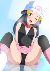 1girls :o absurd_res beanie black_eyes black_legwear black_panties blush boots breasts cameltoe commentary creatures_(company) crotch dark_hair dawn_(pokemon) embarrassed fell_down female female_only game_freak hair_ornament hat hi_res ice kisaragi_setsu_(mssk8485) kneehighs kneesocks nintendo one_eye_closed open_mouth paid_reward_available panties pantyshot partially_visible_vulva pokemon pokemon_dppt reflection request scarf sitting skirt sleeveless sleeveless_shirt small_breasts solo thighs