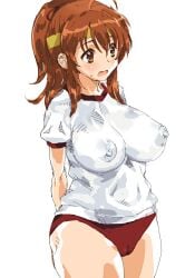 1girls 2017 arms_behind_back asahina_mikuru bare_arms breasts brown_eyes brown_hair buruma cameltoe female female_only gym_uniform headband highres large_breasts matching_hair/eyes nipple_bulge open_mouth petitdry ponytail red_buruma shirt simple_background solo standing suzumiya_haruhi_no_yuuutsu sweat sweatdrop thick_thighs thighs tied_hair tight_clothing tongue white_background white_shirt yellow_headband