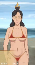 1girls 2d avatar_legends beach big_breasts bikini female female_only fire_nation four_elements_trainer game_cg glasses human izumi_(tlok) milf mity solo the_legend_of_korra