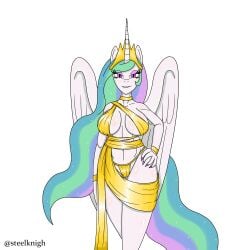 bedroom_eyes big_ass big_breasts crown dress friendship_is_magic gold_clothing golden_bikini golden_clothing horse_ears horse_girl horse_tail hourglass_figure looking_at_viewer my_little_pony pink_eyes princess_celestia_(mlp) rainbow_hair steelknigh tail white_body wings