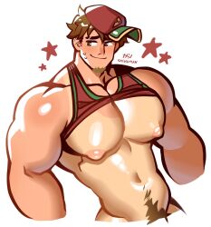 abs bara biceps big_chest big_pecs brown_eyes brown_hair cap gay goatee happy_trail hat huge_chest huge_pecs lifted_shirt male male_only muscular muscular_male pizza_delivery sachuman sweatdrop tank_top tank_top_lift tight_clothing