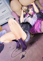 1boy ass bar_censor bodice breasts censored covered_nipples cum cum_in_mouth facial fellatio female fumihiko_(fu_mihi_ko) highres hololive long_hair nipples oral pink_hair purple_hair purple_socks small_breasts socks tokoyami_towa