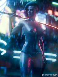 3d beeg3d cd_projekt_red cyberpunk_2077 female female_focus female_only holster katana latex latex_bodysuit latex_clothing light-skinned_female nipples nipples_visible_through_clothing pinup raining see-through see-through_clothing solo solo_female solo_focus v_(cyberpunk_2077) valerie_(cyberpunk_2077) wet wet_skin