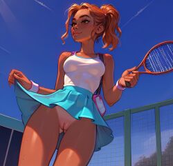 1girls ai_generated cute female ginger happy kinkycreamy orange_hair petite ponytail pussy red_hair redhead skinny slim tan_skin tanline tanned teenager tennis_racket tennis_uniform young