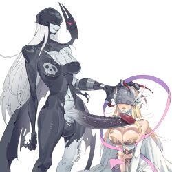 1futa 1girls angel angel_wings angewomon armor bare_shoulders belt big_breasts black_bodysuit black_lips black_mask blonde_hair blush bodysuit breastplate breasts cleavage clothed clothing clothing_cutout colored_skin covered_eyes cowboy_shot demon_girl digimon digimon_(creature) duo english_commentary erection feathered_wings female futa_on_female futanari gloves grey_skin head_grab head_wings helmet helmet_over_eyes highres huge_cock human humanoid humanoid_penis kneeling ladydevimon large_breasts light-skinned_female light_skin long_hair mostly_clothed multiple_girls navel o-ring oerba_yun_fang penis pink_ribbon red_nails ribbon simple_background single_glove standing stitches stomach_cutout testicles torn_bodysuit torn_clothes upper_body very_long_fingernails white_background white_gloves white_hair white_wings wings zocehuy