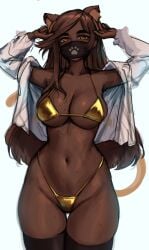 1girls bikini breasts brown_hair brown_skin character_request copyright_request dark-skinned_female dark_skin female gold_bikini hips huge_breasts long_hair roresu thick_thighs wide_hips