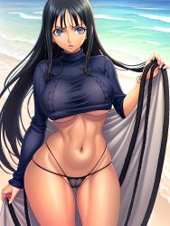 ai_generated bangs beach_background big_breasts bikini_bottom blue_eyes bracelet crop_sweater dark_hair female female_only large_hips long_hair nico_robin one_piece pareo pre-timeskip sweater tanned tanned_female tanned_skin tiny_bikini turtleneck turtleneck_sweater underboob_sweater zarazin