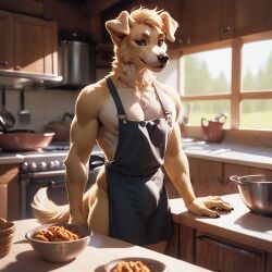 ai_generated animal_humanoid anthro apron big_bulge bird_dog bulge canid canid_humanoid canine canis clothing director_homer_26 domestic_dog farm furry furry_male furry_only gay golden_retriever hi_res humanoid hunting_dog kitchen kitchen_utensils looking_at_viewer male mammal mammal_humanoid muscular muscular_anthro muscular_male retriever solo tools