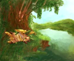 balls brown_eyes canine duo eeveelution female feral feral_on_feral fur grass hill jolteon landscape leafeon male mammal nature nintendo one_eye_closed open_mouth outside penetration penis pokemon pokemon_(species) pussy reflection river sex spread_legs spreading straight sweat tan_fur tree vaginal_penetration video_games wahitouppe water yellow_fur