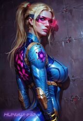 ai_generated glasses hungward metroid ponytail pose samus_aran zero_suit