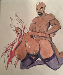 1boy 1girls ahe_gao bald bald_man colored_pencil_(artwork) dark-skinned_female dark-skinned_male dark_skin doggy_style goatee green_eyes inverted_nipples large_breasts male mirko miruko mustache my_hero_academia rabbit_ears rabbit_girl rumi_usagiyama s3_studios simple_background thighhighs tongue_out traditional_art traditional_media_(artwork) white_background white_hair