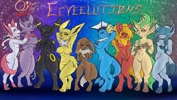 abstract_background anthro areolae black_body black_fur black_nose blue_body blue_fur blue_nose blue_skin breasts brown_fur brown_nose canine eevee eeveelution english_text espeon female flareon fur glaceon group jolteon leafeon lineup mammal nintendo nude owyisensei pink_fur pokemon pokemon_(species) pokemorph purple_body purple_fur pussy red_body red_eyes red_fur shy sylveon text umbreon vaporeon white_body white_fur yellow_body yellow_fur