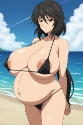 1girls ai_generated areolae beach big_breasts bikini black_hair breasts chifuyu_orimura enormous_breasts female female_focus female_only hairy_pussy happy huge_breasts infinite_stratos large_areolae large_breasts long_hair looking_at_viewer mature_female milf orimura_chifuyu ponytail pregnant pregnant_belly pregnant_female ready_to_pop yellow_eyes