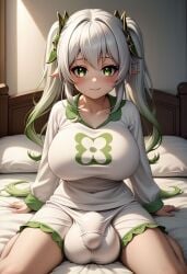 1futa adorable ai_generated balls_bigger_than_penis balls_under_clothes bangs bed bed_sheet bedroom big_balls big_breasts big_penis blush bulge civitai closed_mouth cute cute_face flaccid flaccid_penis full-package_futanari futa_only futanari genshin_impact gradient_hair green_eyes hair_between_eyes hair_ornament huge_balls huge_breasts huge_bulge indoors long_hair long_sleeves looking_at_viewer mizuiro01 nahida_(genshin_impact) on_bed oppai pajamas penis_under_clothes pillow pointy_ears shirt short_stack shortstack sidelocks sitting smile smiling solo solo_futa testicles twintails wariza white_hair white_legwear white_shirt