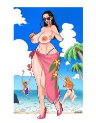 1boy 2girls astraph big_breasts black_hair curvy_body curvy_female female glasses male monkey_d_luffy nami nico_robin nipples one_piece post-timeskip sarong sunglasses