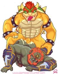 2boys abs anal anal_sex anthro boner bowser bracelet cum cum_in_ass cum_inside cum_while_penetrated death_battle dragon duo erection facial_hair from_behind ganondorf ganondorf_(twilight_princess) hair horn human jewelry king koopa leg_grab looking_at_viewer male male_only mammal mario_(series) muscles nintendo nude orgasm pecs penetration penis ppmaqero red_eyes red_hair reptile royalty saliva scalie sex shell smile spiked_bracelet spikes sub_ganondorf the_legend_of_zelda tongue tongue_out turtle twilight_princess yaoi yellow_eyes yellow_skin