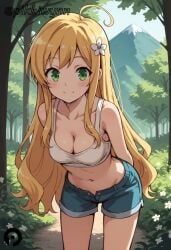 ahoge ai_generated arms_behind_back bare_shoulders blonde_hair blue_shorts blush breasts cleavage closed_mouth collarbone cowboy_shot crop_top day denim denim_shorts female flower forest green_eyes hair_flower hair_ornament isekai_wa_smartphone_to_tomo_ni. leaning_forward long_hair looking_at_viewer medium_breasts midriff nature navel open_fly outdoors pikkiwynn short_shorts shorts sleeveless smile solo soucie_elnea_ortlinde standing stomach tank_top thighs tree very_long_hair