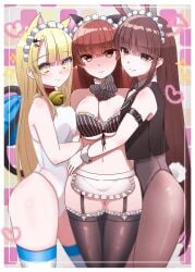 3girls areola_slip blush bunny_girl bunnysuit constricted_pupils embarrassed embracing embracing_another full-face_blush heart konoha_(sound_voltex) kougei_ciel_nana kureha_(sound_voltex) large_breasts large_thighs medium_breasts photo_frame small_breasts smile sound_voltex sparkle white_border