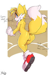 2014 2_tails anthro anus ass backsack balls big_butt big_eyes canine femboy fox fur furry_tail girly looking_back male mammal multiple_tails nude sega shoes solo sonic_(series) sonic_team sonic_the_hedgehog_(series) sonic_the_hedgehog_2 tail tails thick_thighs