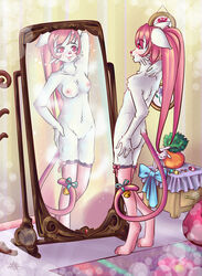 anthro areola artemis_tsukino bedroom breasts detailed dream feline female fur girly hair inside legwear male mammal mirror nipples nude pichigani pink_eyes pink_hair pussy smile solo_focus transformation white_fur