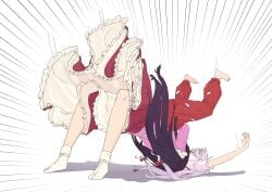 2girls barefoot black_hair bow catfight commentary emphasis_lines fujiwara_no_mokou german_suplex grey_hair hairbow highres houraisan_kaguya kanpa_(campagne_9) multiple_girls no_shoes ofuda pants petticoat pink_shirt red_bow red_pants red_skirt shadow shirt short_sleeves simple_background skirt socks suplex suspenders touhou white_background white_shirt white_socks