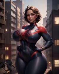ai_generated clothed female female_only genderswap_(mtf) kw0337 marvel miguel_o'hara no_watermark rule_63 solo spider-man spider-man_2099 spider-woman_2099 tan_body tan_skin