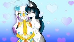 anthro big_breasts blush breasts closed_eyes cute duo female fish hair hand_on_hip heart kissing long_hair mammal marine nera_raccoon neronova nipples nude open_mouth raccoon smile surprised voluptuous wide_eyed