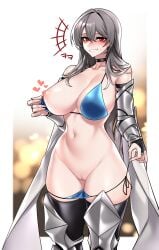 armor bikini bikini_pull black_choker blue_bikini breasts choker cleft_of_venus clothes_pull collarbone commission cowboy_shot cuisses dogs_(dlrkdejr26) female fingernails grey_hair hair_between_eyes hair_intakes highres large_breasts long_hair looking_at_viewer navel nipples notice_lines open_mouth original poleyn red_eyes rerebrace smile solo sweatdrop swimsuit vambraces