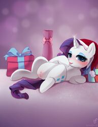 2014 blue_eyes blush christmas cutie_mark equine female feral friendship_is_magic guinefurrie hair hat holidays horn mammal my_little_pony pom_hat purple_hair pussy pussy_juice rarity_(mlp) santa_hat solo spread_legs spreading unicorn