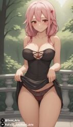 ai_generated black_dress blush cleavage covered_nipples dress guilty_crown gumi_arts hair_ornament large_breasts lifting_skirt lingerie long_hair low_twintails outdoors panties pink_hair red_eyes smile stable_diffusion thick_thighs yuzuriha_inori