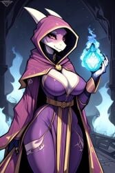 ai_generated clothed female glowing_eyes glowing_tattoo hooded kobold large_breasts magic nude_female robe runes scalie smiling snout wizard