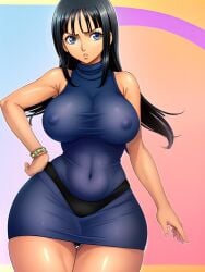 ai_generated bangs big_breasts big_hips big_thighs bracelet colored_background crop_sweater dark_hair female female_only large_hips long_hair nico_robin nipples_visible_through_clothing one_piece party_dress sleeveless_dress slutty_clothing slutty_outfit sweater sweater_dress tight_dress turtleneck turtleneck_dress turtleneck_sweater zarazin