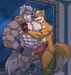 2boys abs anthro balls big_balls big_pecs big_penis canid canine canis duo erection fox fox_mccloud fur gay genitals grey_body grey_fur hi_res hug humanoid_genitalia humanoid_penis male male/male mammal muscular muscular_anthro muscular_male nintendo nipples orange_body orange_fur pecs penis rackun star_fox vein veiny_penis wolf wolf_o'donnell