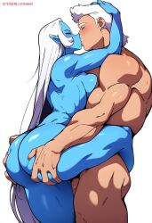 1boy 1girls ai_generated ai_hands ass_grab big_ass blue_diamond_(steven_universe) cartoon_network curvy diamond_authority gem_(species) kissing muscular_male naked oiled round_ass steven_universe white_hair