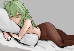 female goddess_of_victory:_nikke green_hair kilo_(nikke) laying_on_bed no_bra pantyhose tagme