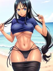 ai_generated bangs beach_background big_breasts big_hips bikini_bottom blue_eyes crop_sweater dark_hair female female_only grabbing_own_hair large_hips long_hair nico_robin one_piece short_sleeve_sweater skirt_around_legs skirt_down sweater tanned tanned_female tanned_skin turtleneck turtleneck_sweater underboob_sweater zarazin