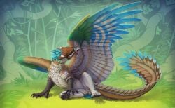 animal_genitalia avian balls black_claws black_pawpads blue_body blue_feathers claws feathered_wings feathers feral genitals grass gryphon hi_res keltaan male mythological_avian mythological_creature mythology pawpads plant sheath solo wings