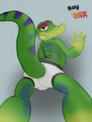1boy 3:4 anthro ass backsack balls black_seam_briefs black_seam_underwear blue_body blue_scales briefs briefs_only bulge clothed clothing colored_seam_underwear detailed_background english_text gecko genitals gex_(series) gex_the_gecko gradient_background green_body green_scales grey_background hi_res illegaleel lizard male male_only markings open_mouth orange_text presenting presenting_hindquarters purple_body purple_scales purple_text red_text reptile scales scalie simple_background smile solo striped_markings stripes teeth_showing text tighty_whities topless underwear underwear_only video_games white_briefs white_clothing white_underwear