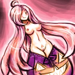 2015 ass blush breasts female gourgeist hair human licking lumineko mammal navel nintendo nipples nude pink_background pink_hair plain_background pokemon pubes pussy smile solo teeth tongue tongue_out video_games yellow_eyes