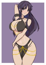 1girls altina_(fire_emblem) arm_behind_head bare_shoulders bare_thighs beauty_mark blue_eyes breasts cleavage collarbone female female_only fire_emblem fire_emblem:_radiant_dawn hourglass_figure in2naps large_breasts long_hair looking_at_viewer mole mole_on_breast nintendo pelvic_curtain purple_background purple_hair shoulders solo thighs very_long_hair wide_hips yomorio_lingerie