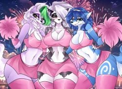 3girls adorable big_breasts blue_body blue_fur breasts cassielink cheerleader cheerleader_outfit cheerleader_uniform cute female female_focus female_only fireworks five_nights_at_freddy's five_nights_at_freddy's:_security_breach fnaf furry green_hair grey_body grey_fur grey_hair hair_covering_eye helluva_boss krystal krystal_(star_fox) loona_(helluva_boss) panties pink_clothing pom_poms purple_body purple_fur roxanne_wolf_(fnaf) skirt standing star_fox vivziepop wolf wolf_girl