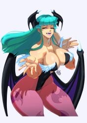 1girls artist_signature bare_shoulders bat_wings big_breasts busty capcom cleavage curvy darkstalkers fangs morrigan_aensland squint succubus teal_hair thick_thighs thighs tight_clothing tovio_rogers white_background wings