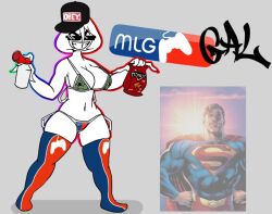 air_horn big_breasts big_butt big_thighs breasts dc dc_comics doritos feet female fit_female gray_background grinning holding_food illuminati meme mlg mlg_glasses obey_hat star_man_meme superman superman_(series) tagme theres_a_starman_waiting_in_the_sky thewboy white_body white_hair white_skin