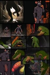 ai_generated anthro balls comic completely_nude crocodile digital_drawing_(artwork) flaccid foreskin furry furry_male furry_only hi_res male male_focus muscular rat sewer shaded slim