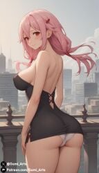 ai_generated ass blush cleavage guilty_crown gumi_arts hair_ornament large_breasts long_hair looking_at_viewer looking_back low_twintails outdoors panties pink_hair red_eyes smile stable_diffusion thick_thighs wide_hips yuzuriha_inori