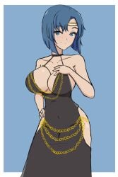 1girls alternate_costume bare_shoulders blue_background blue_eyes blue_hair breasts catria_(fire_emblem) cleavage collarbone covered_navel dress female female_only fire_emblem fire_emblem:_mystery_of_the_emblem fire_emblem:_shadow_dragon_and_the_blade_of_light hand_on_own_chest hand_on_own_hip headband in2naps large_breasts looking_at_viewer modakawa_dress short_hair shoulders sideboob smile solo